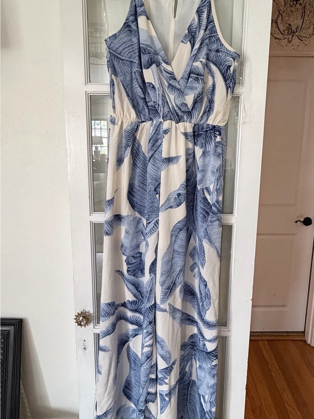 entro Cream Maxi Dress with Blue Leaf Print